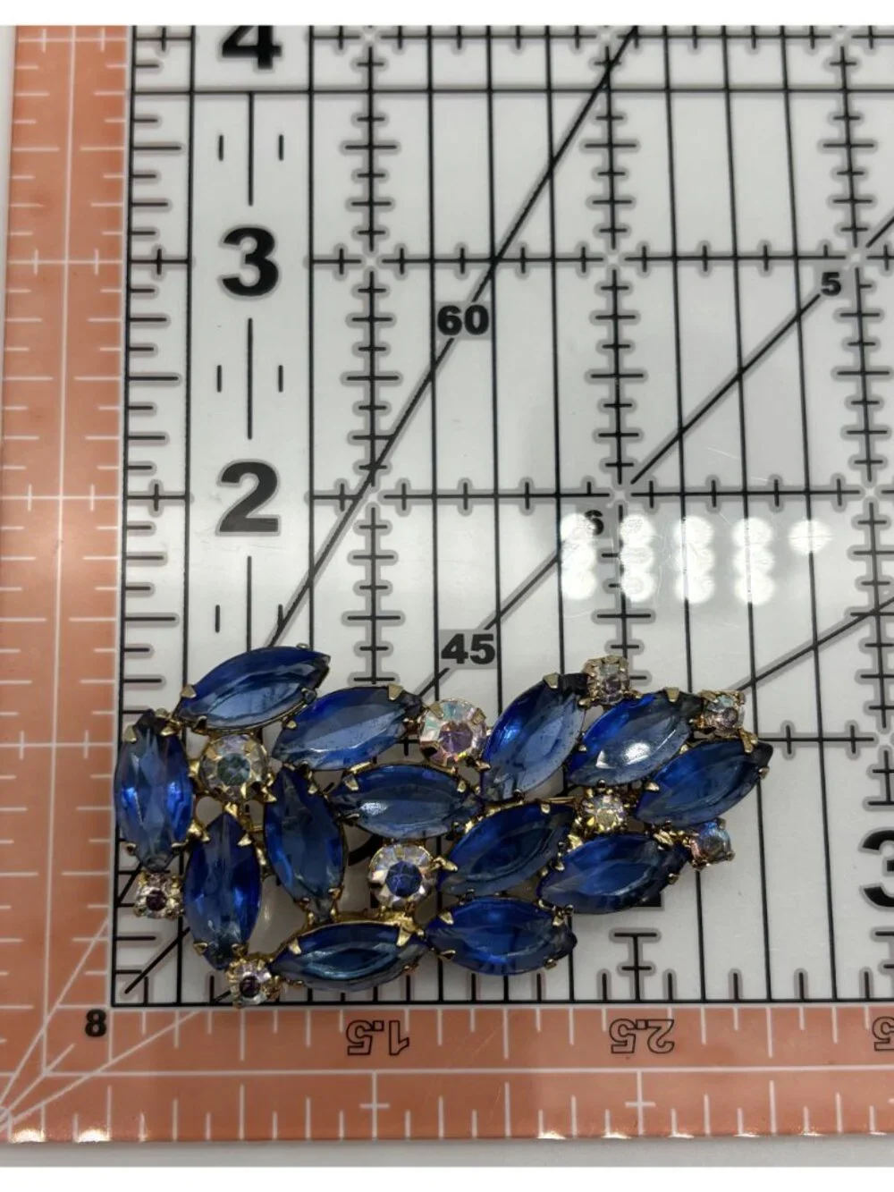 Vintage Blue Navette and Clear Prong-Set Rhinestone Brooch Open Back, Not Signed